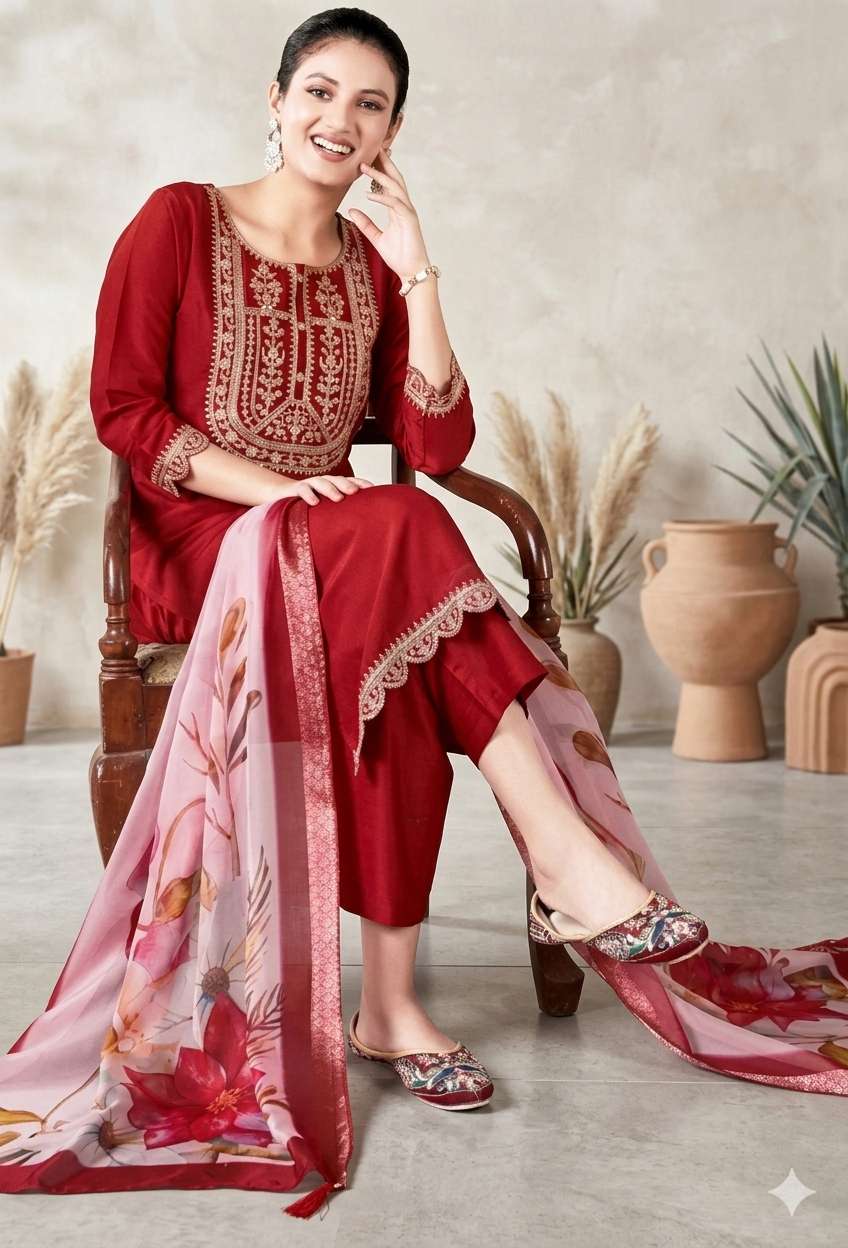 women embroidered three quarter sleeves kurta pant set with dupatta - 22527721 -  Standard Image - 3