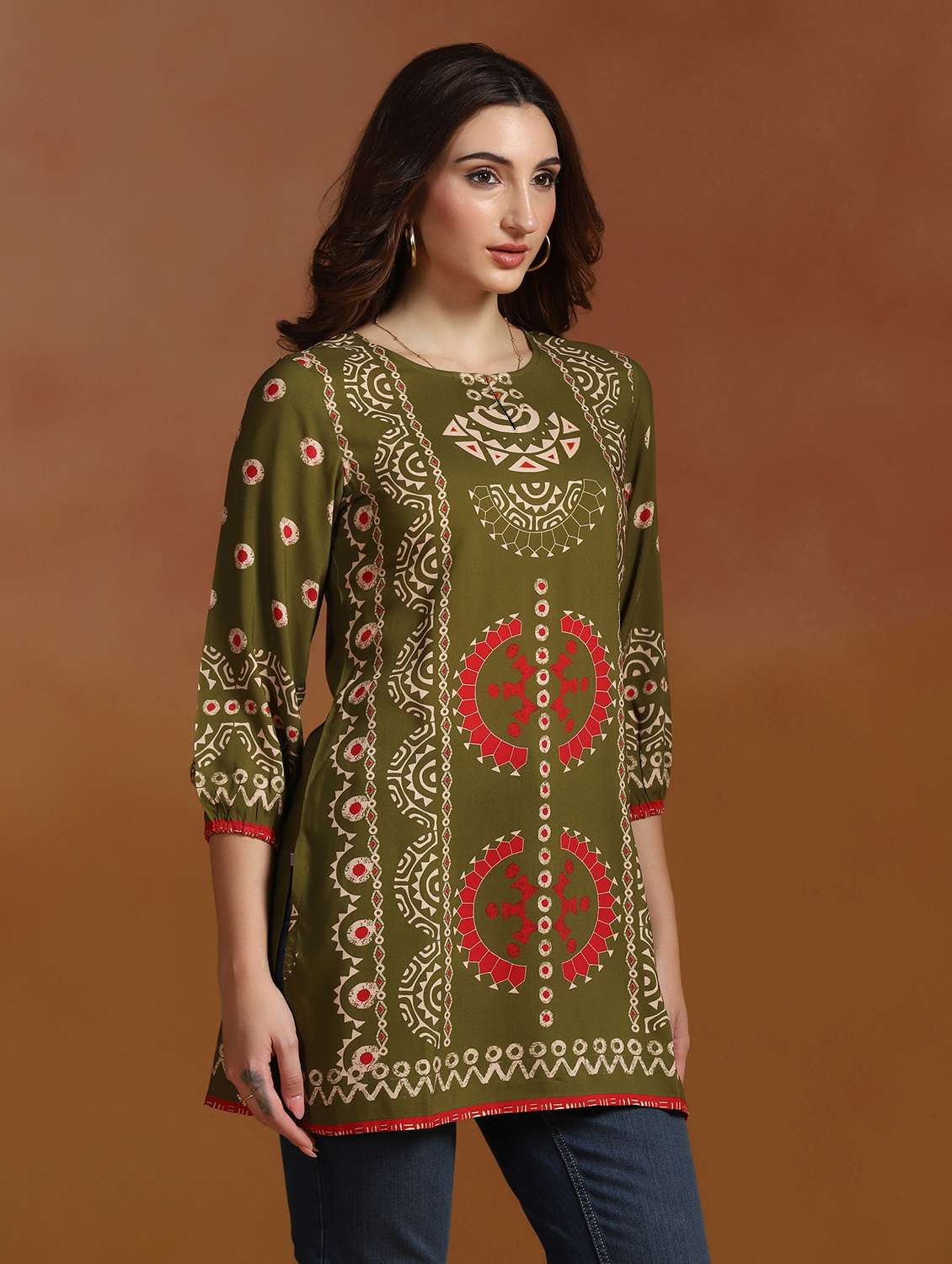 women printed three quarter sleeve straight kurti - 22527725 -  Standard Image - 3