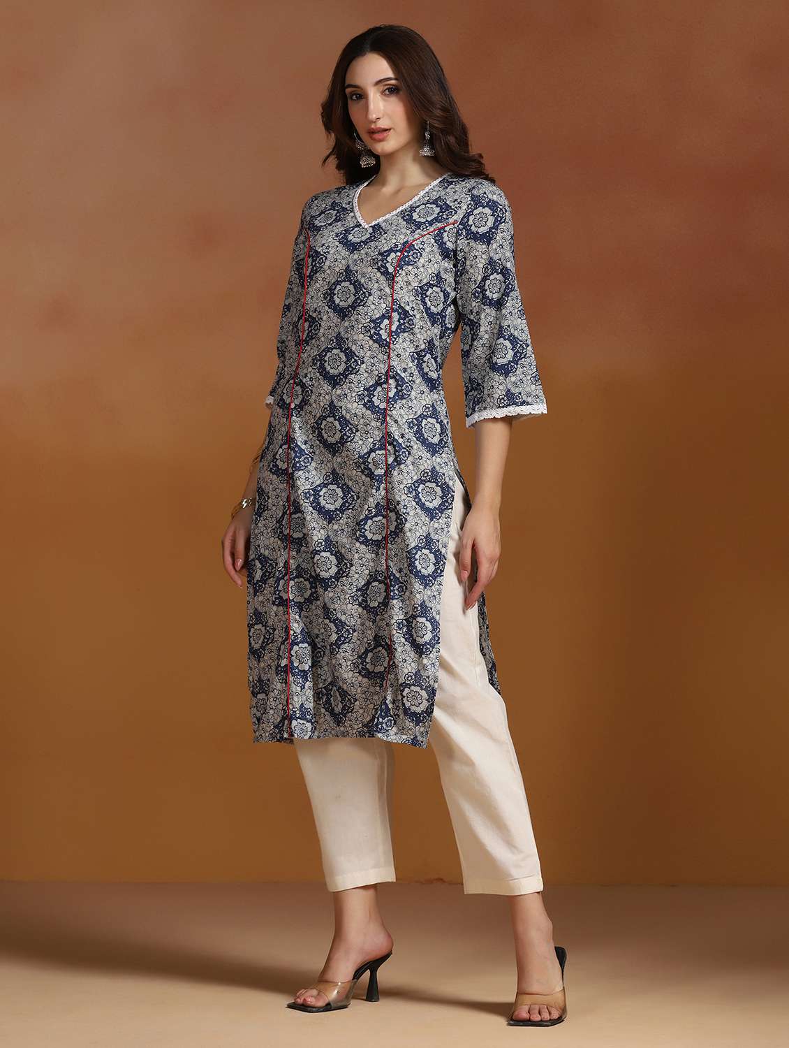 women printed three quarter sleeves straight kurta - 22527726 -  Standard Image - 3