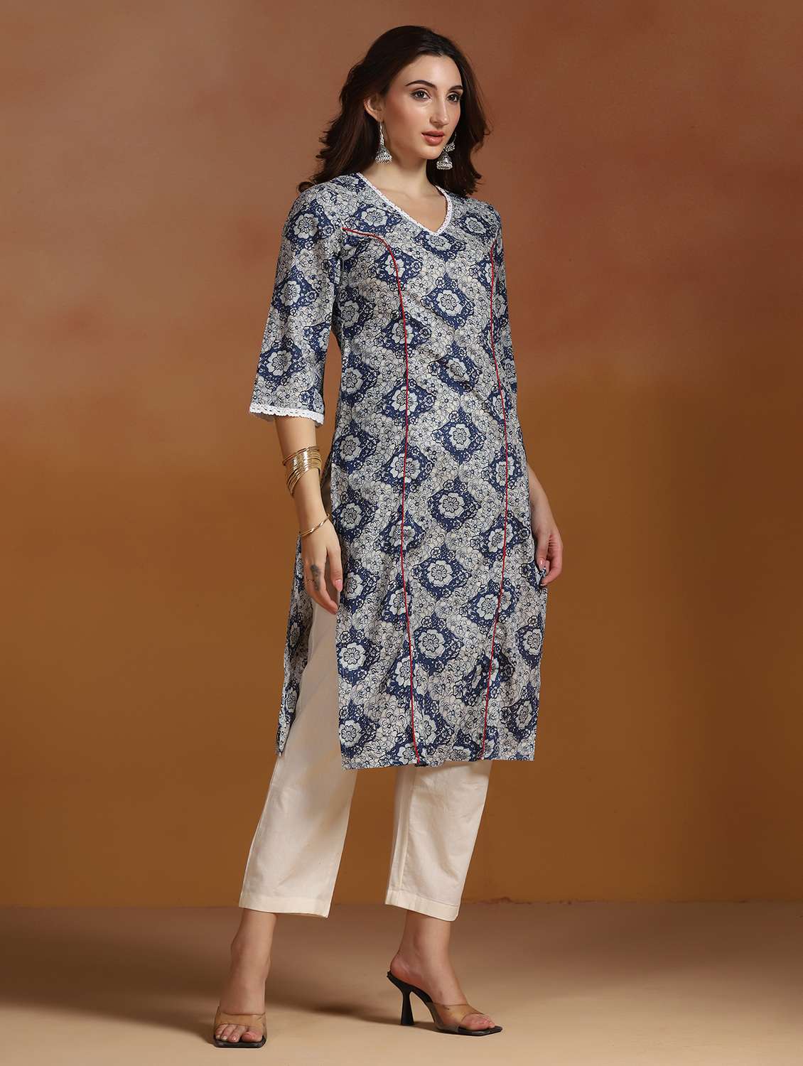 women printed three quarter sleeves straight kurta - 22527726 -  Standard Image - 5