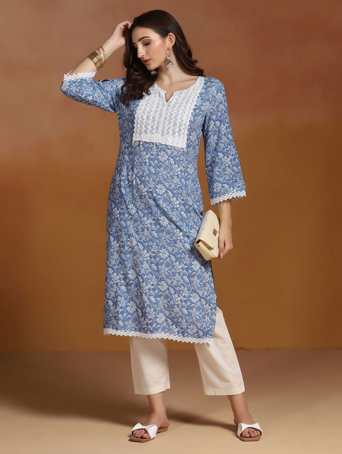 women printed three quarter sleeves straight kurta
