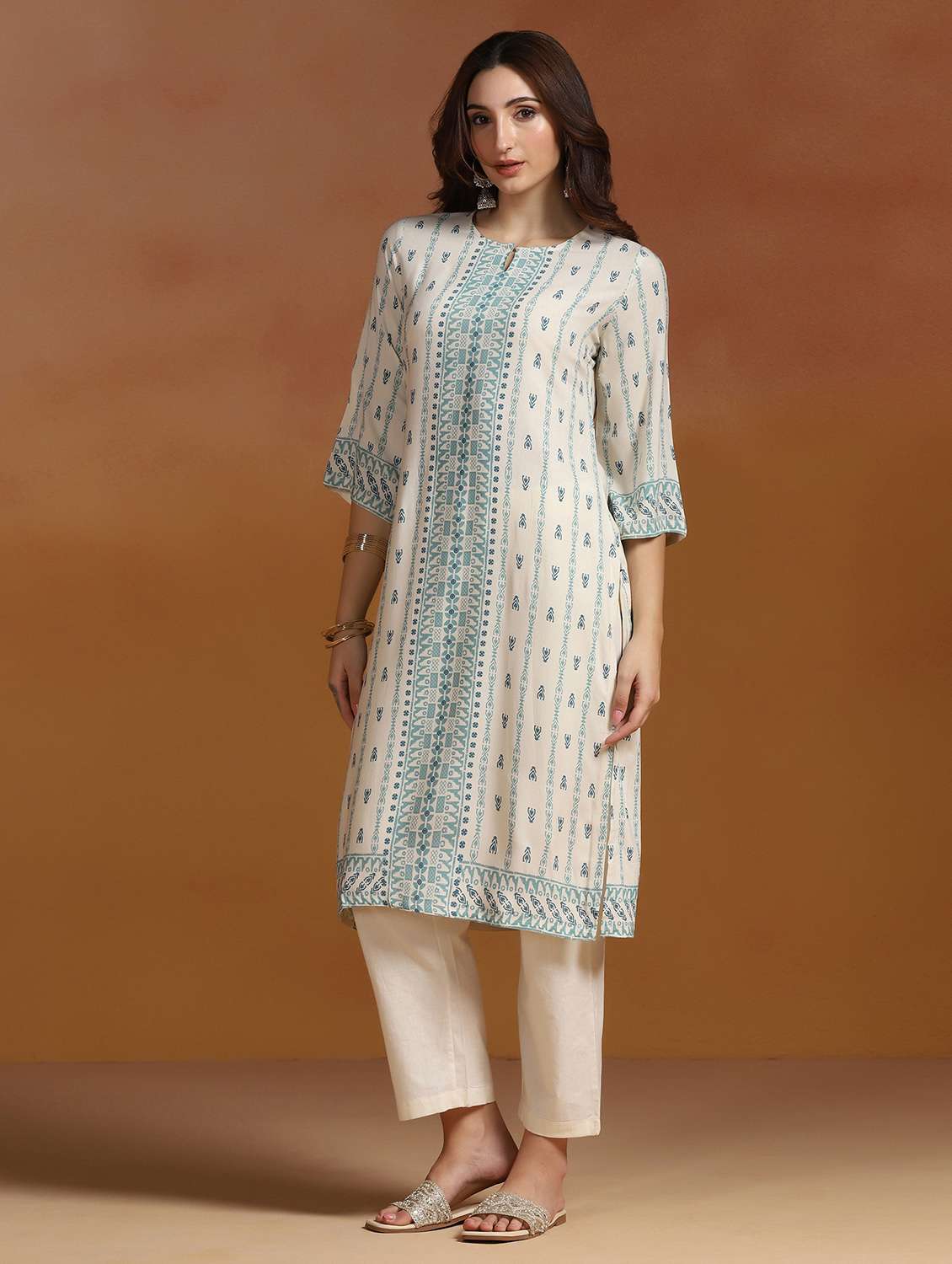 women printed three quarter sleeves straight kurta - 22527729 -  Standard Image - 3