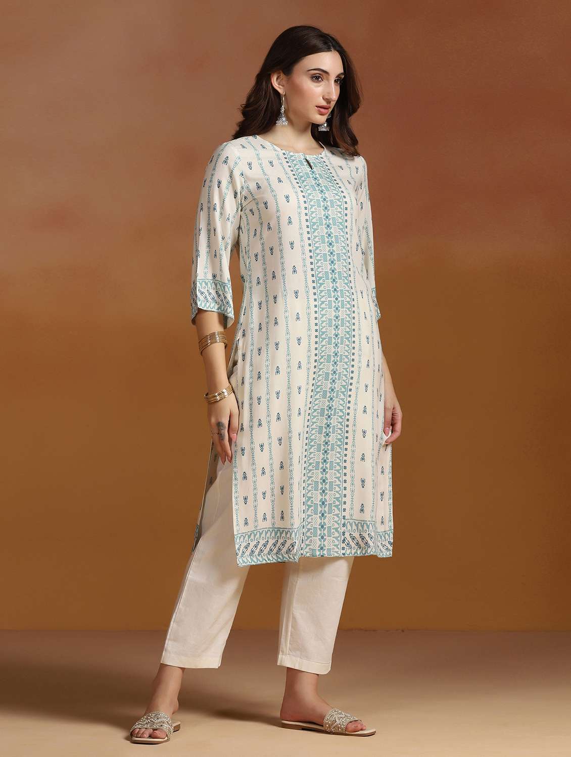women printed three quarter sleeves straight kurta - 22527729 -  Standard Image - 5