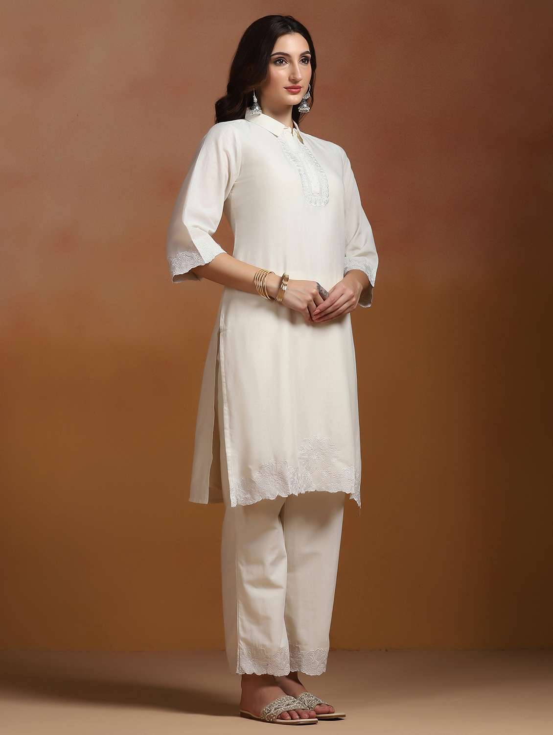 women embroidered three quarter sleeves kurta and pant set - 22527744 -  Standard Image - 3