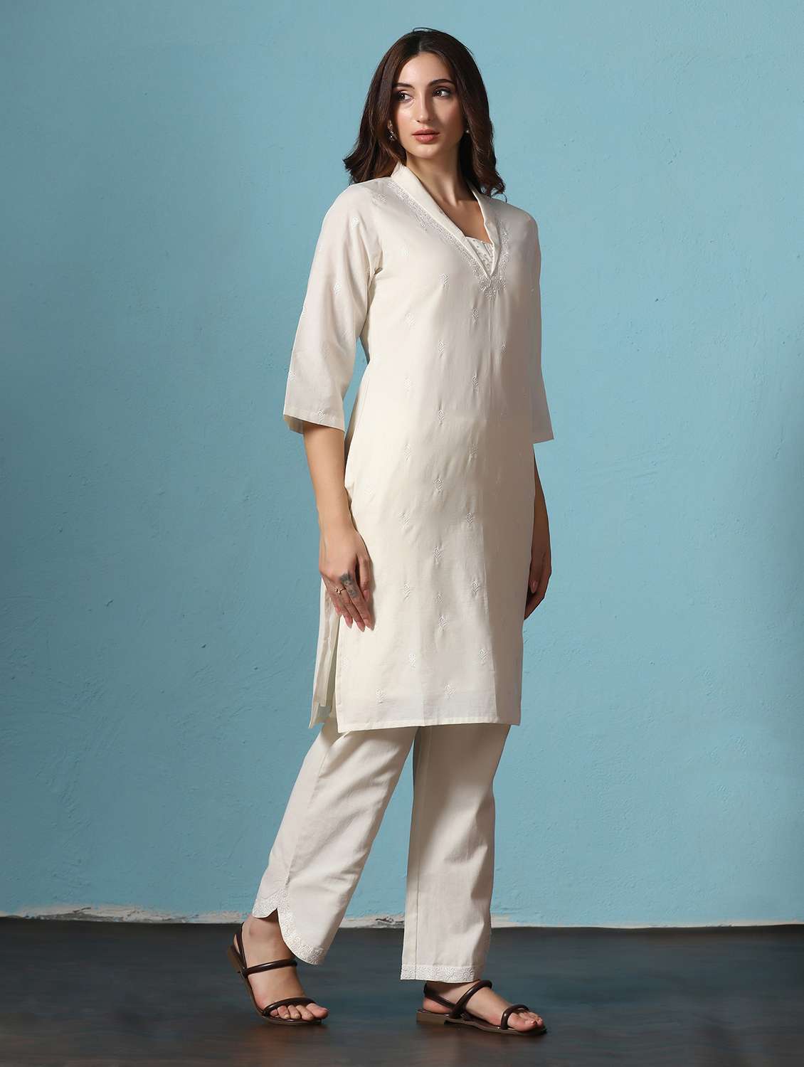 women embroidered three quarter sleeves kurta and pant set - 22527746 -  Standard Image - 3