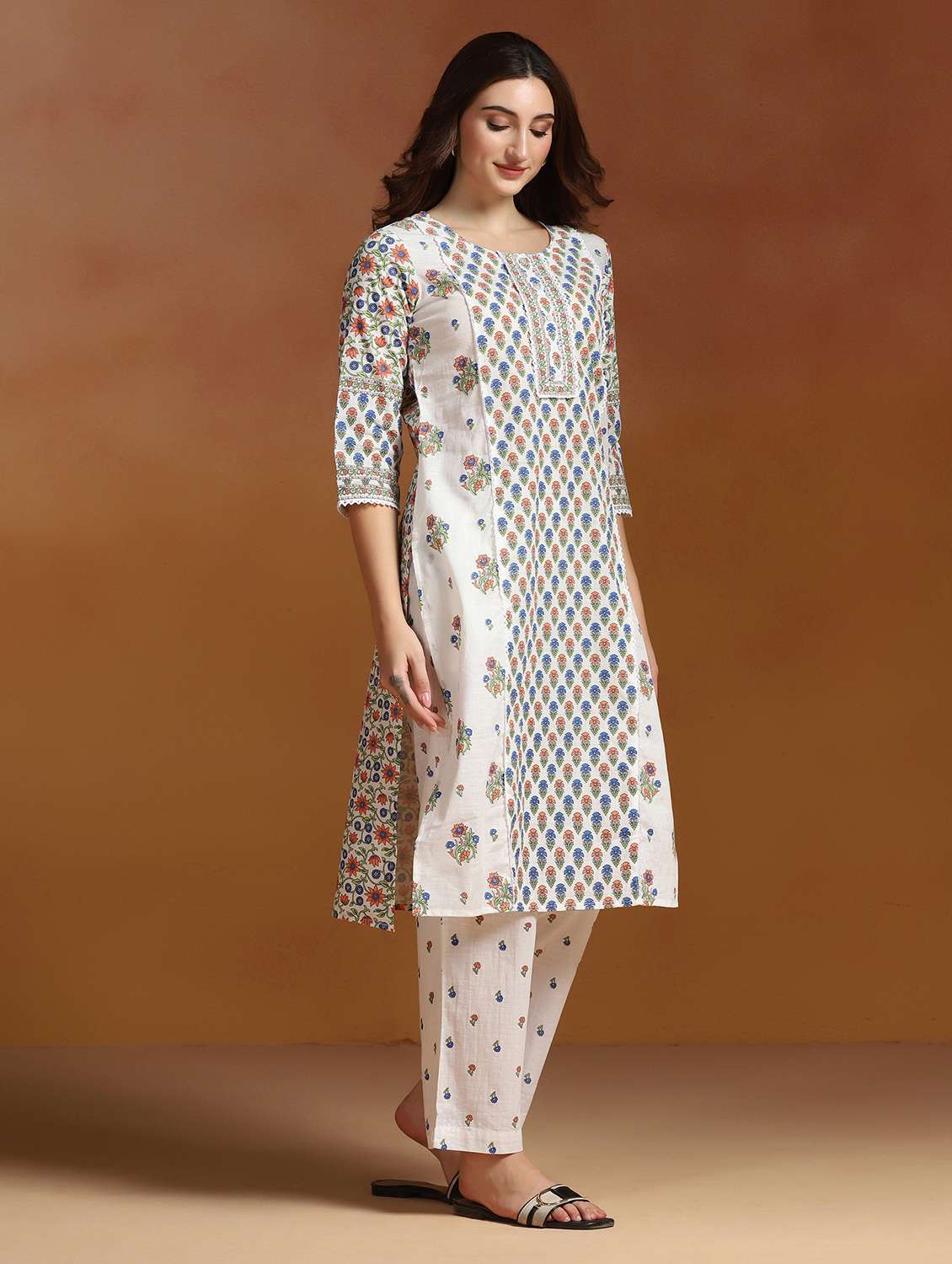 women printed three quarter sleeves kurta and pant set - 22527750 -  Standard Image - 5