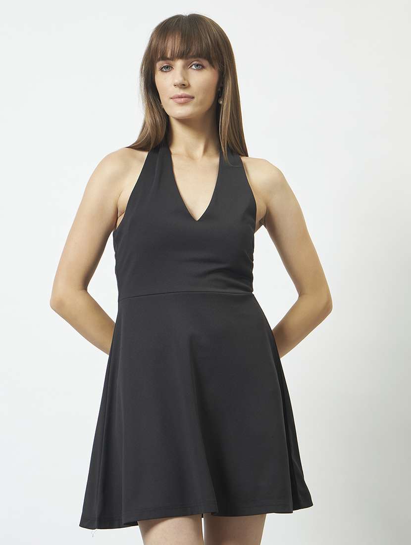 women solid halter neck fit and flare dress