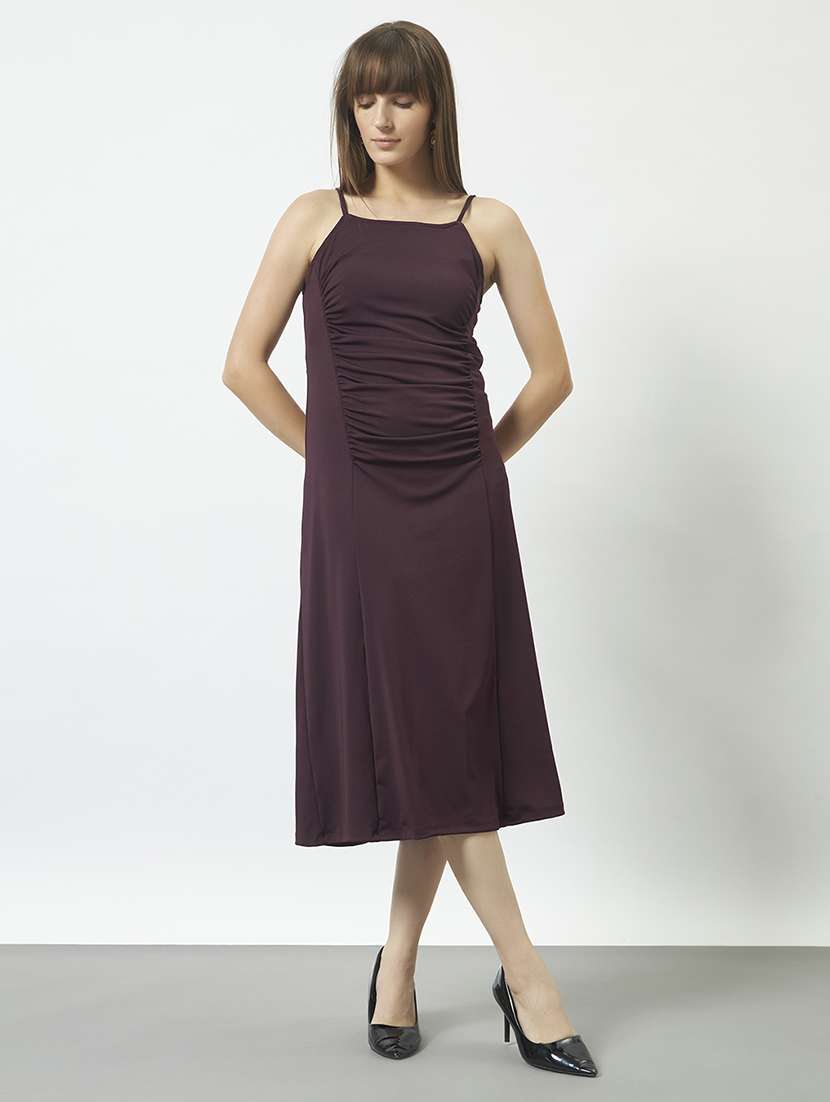 women solid shoulder strap a-line dress