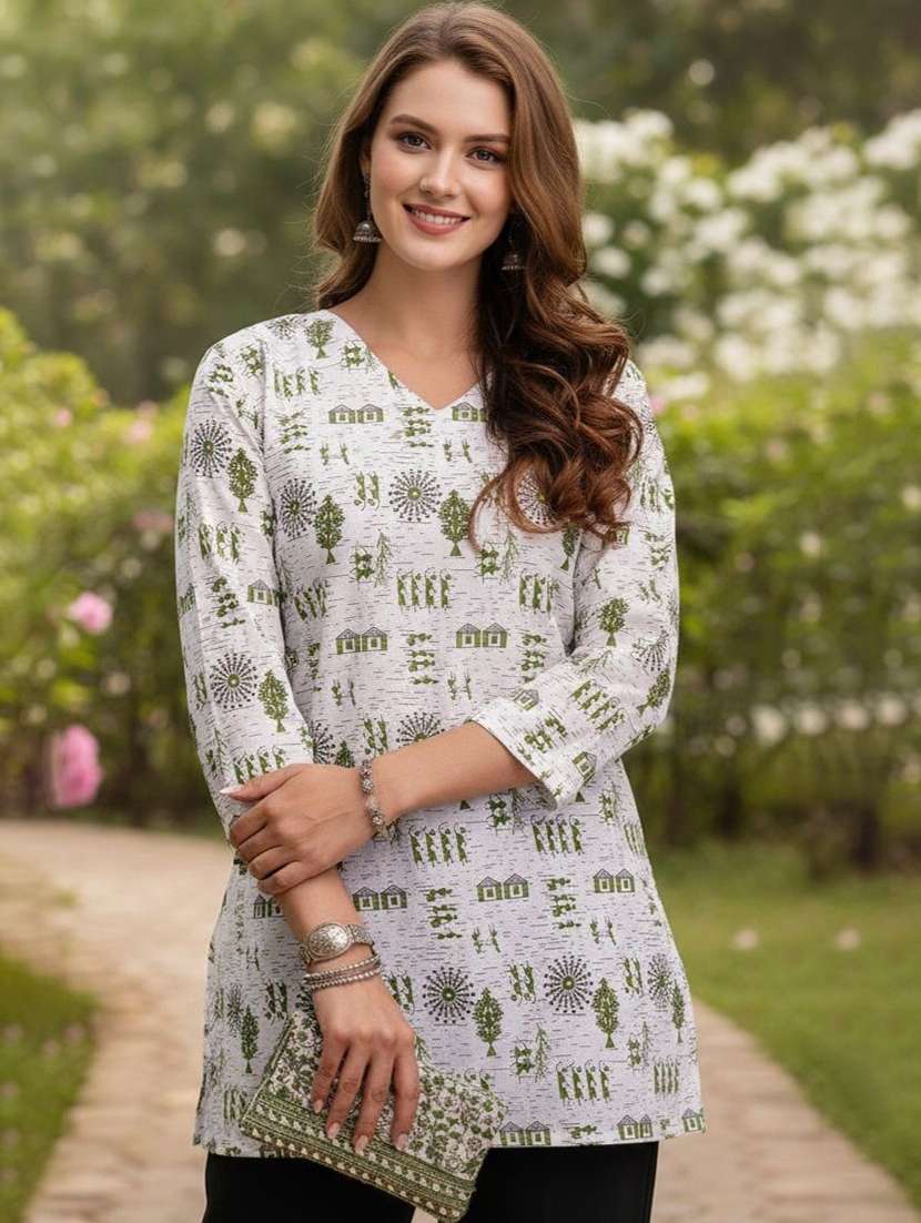 women printed three quarter sleeve straight kurti