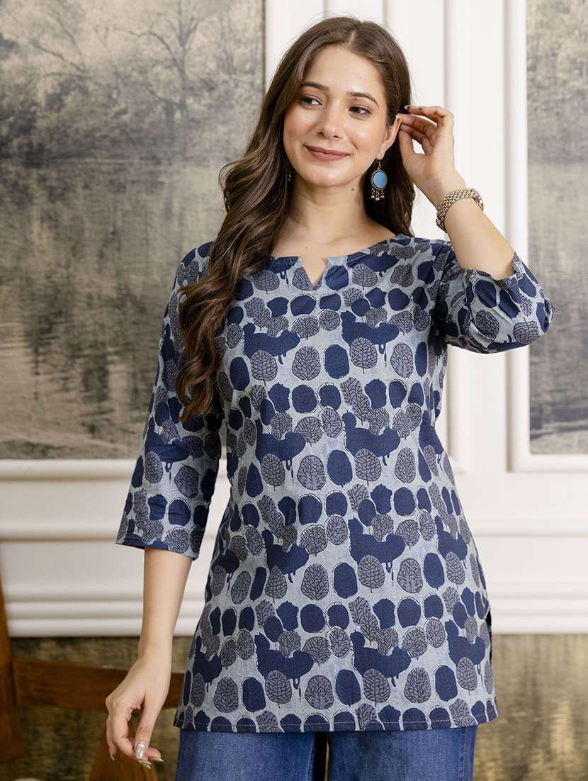 women printed three quarter sleeve straight kurti