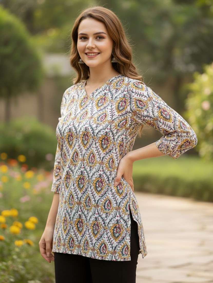 women printed three quarter sleeve straight kurti - 22527789 -  Standard Image - 3