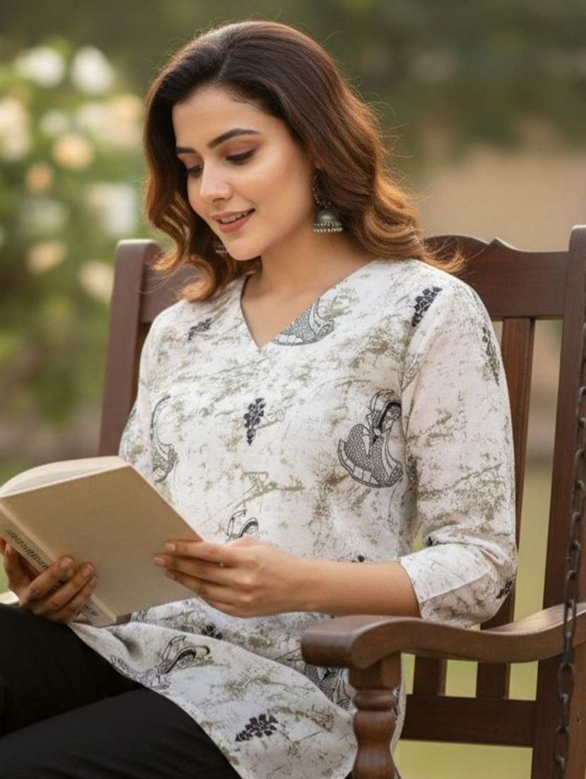 Women Printed Three Quarter Sleeve Straight Kurti - 22527791 -  Standard Image - 5