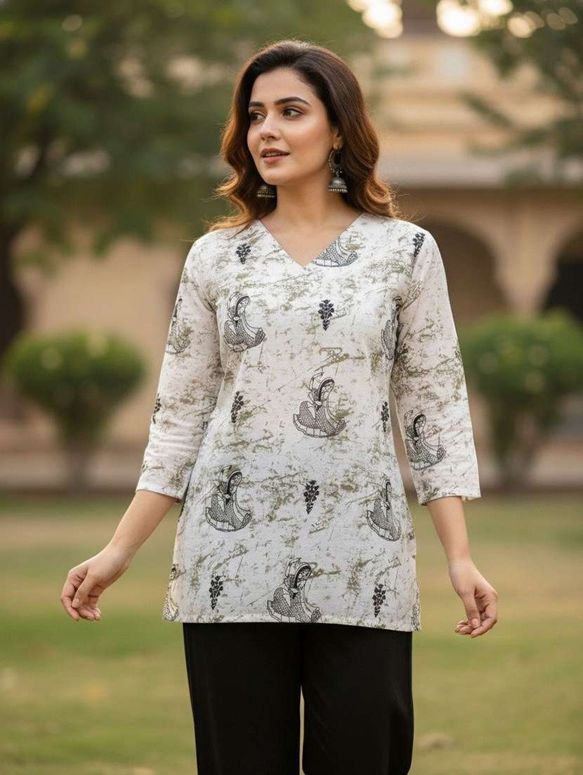 women printed three quarter sleeve straight kurti