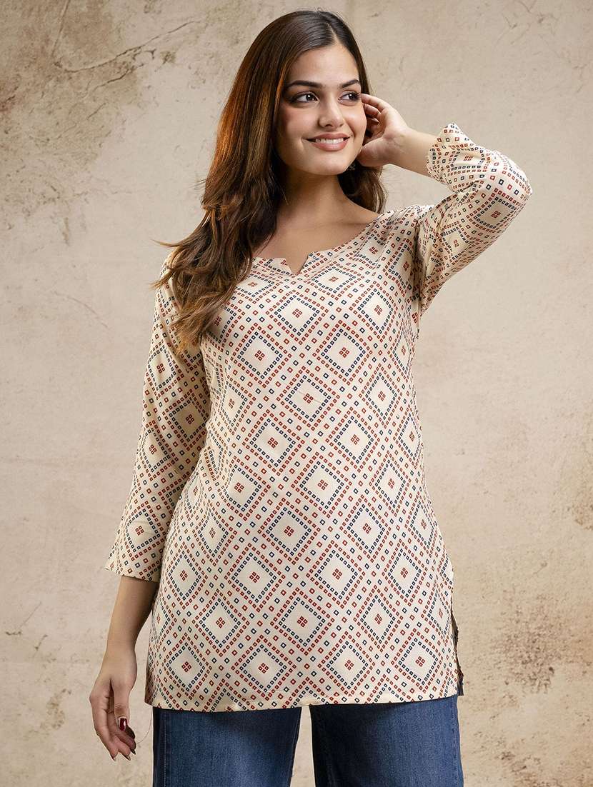 women printed three quarter sleeve straight kurti