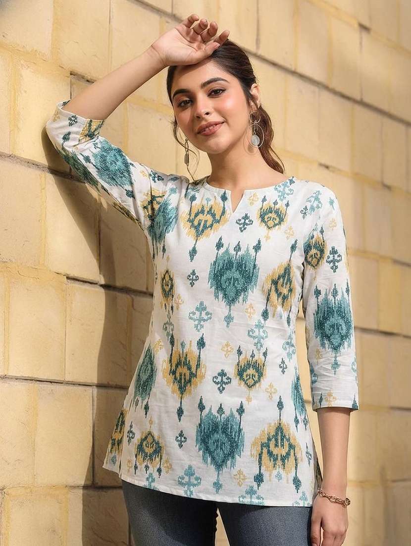women printed three quarter sleeve straight kurti