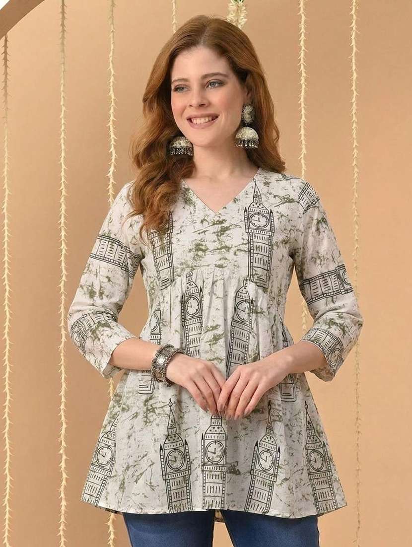 women printed three quarter sleeve straight kurti