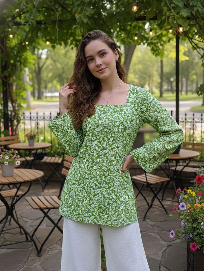 women printed long sleeve straight kurti