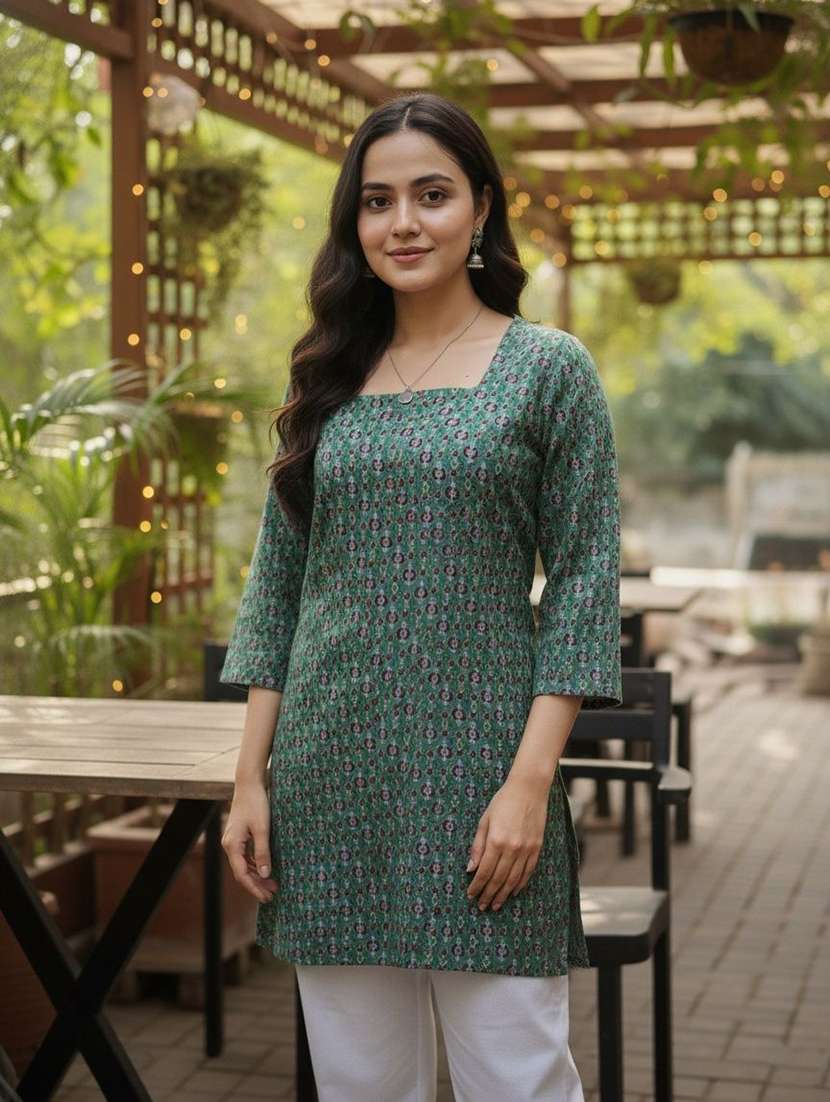 women printed three quarter sleeve straight kurti