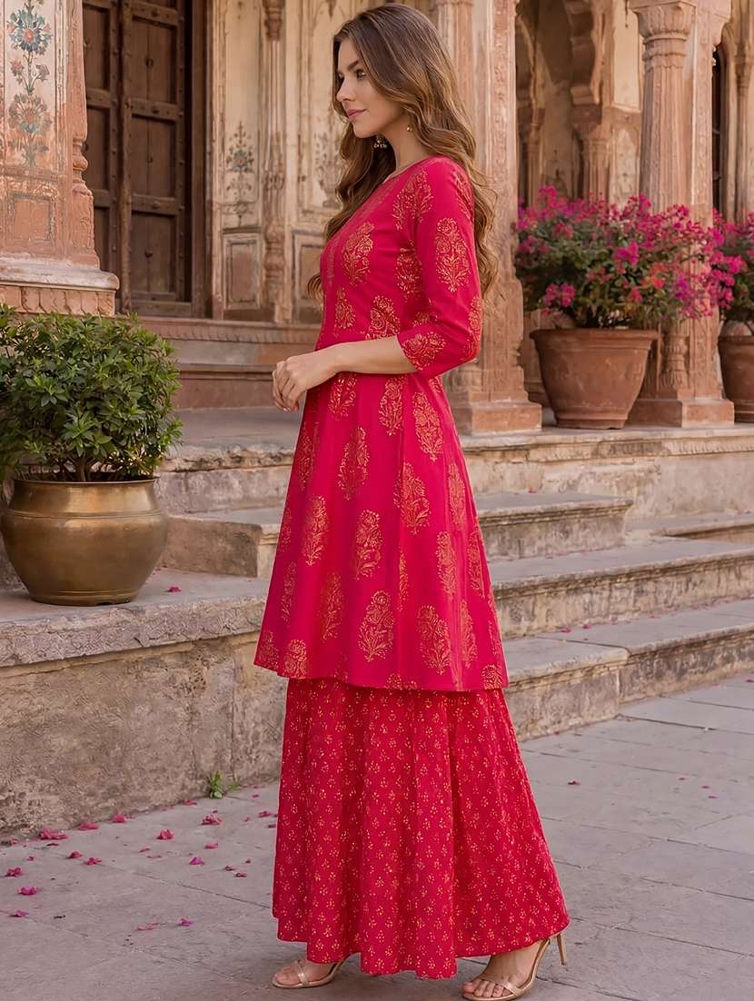 women foil printed three quarter sleeve kurta palazzo set - 22527935 -  Standard Image - 3