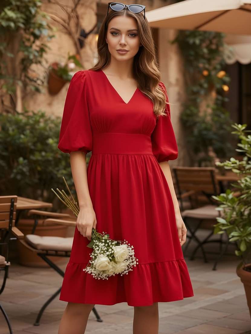 women solid v neck tiered dress