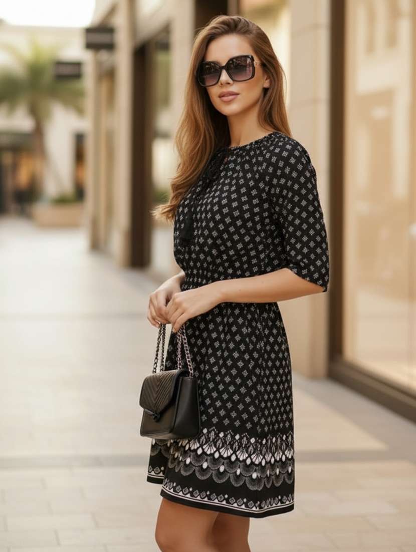 women printed tie up neck a-line dress - 22527965 -  Standard Image - 3