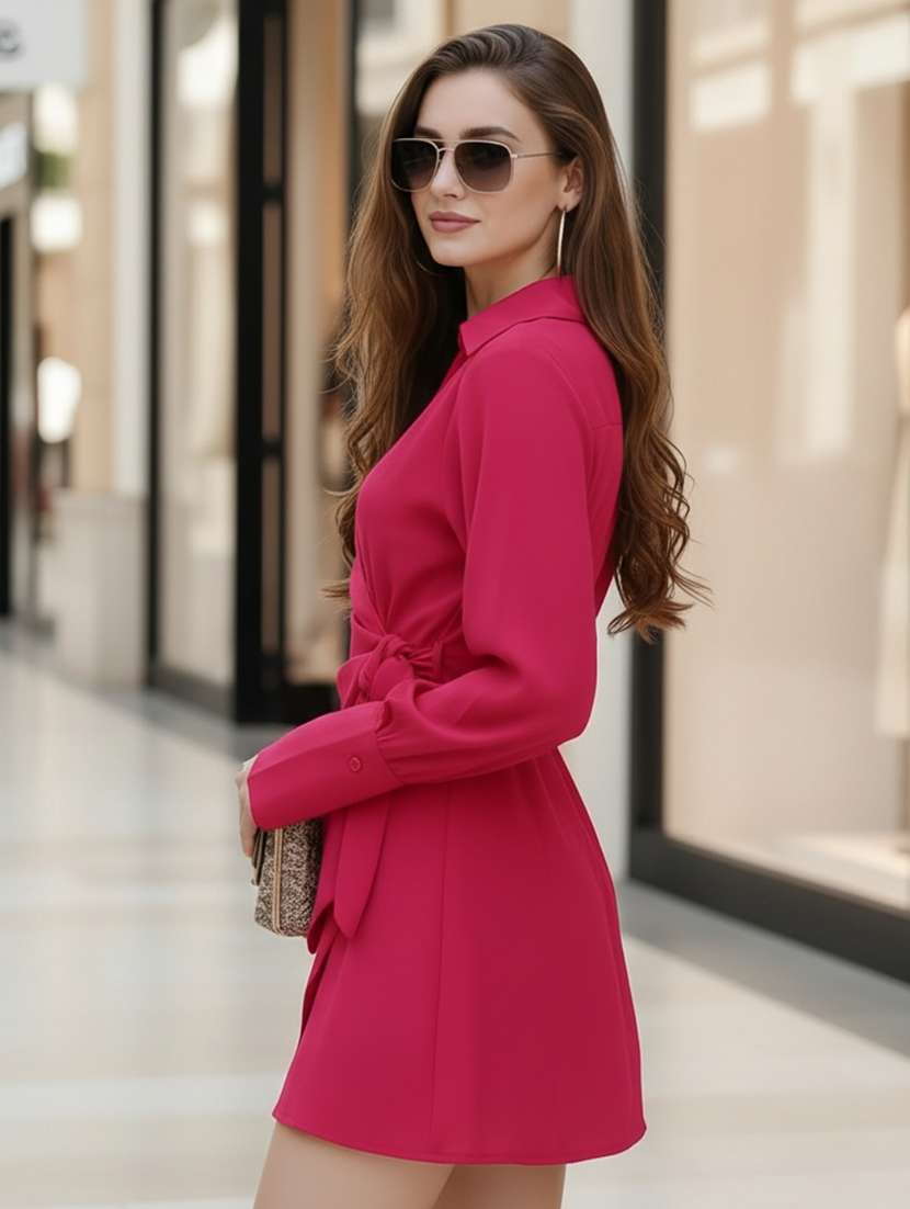 women solid collared wrap dress - 22527970 -  Standard Image - 3