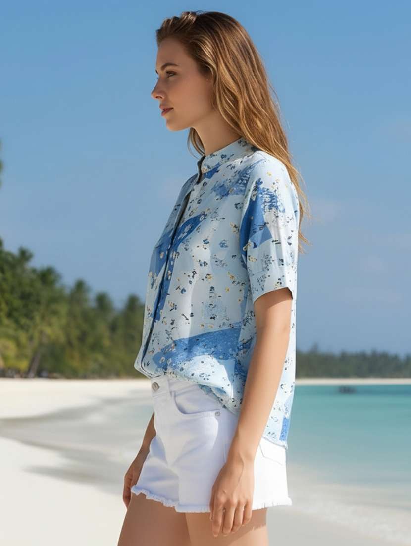 women printed mandarin neck regular top - 22527994 -  Standard Image - 3