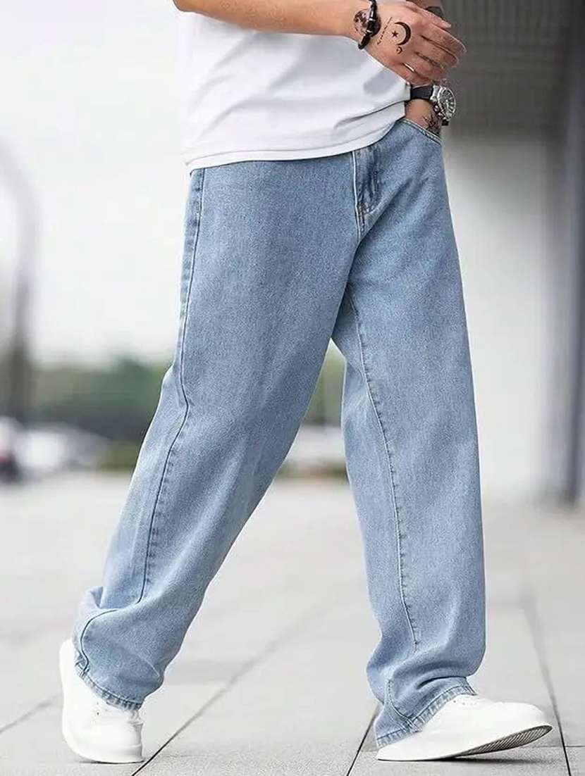 men plain mid rise full length baggy jeans