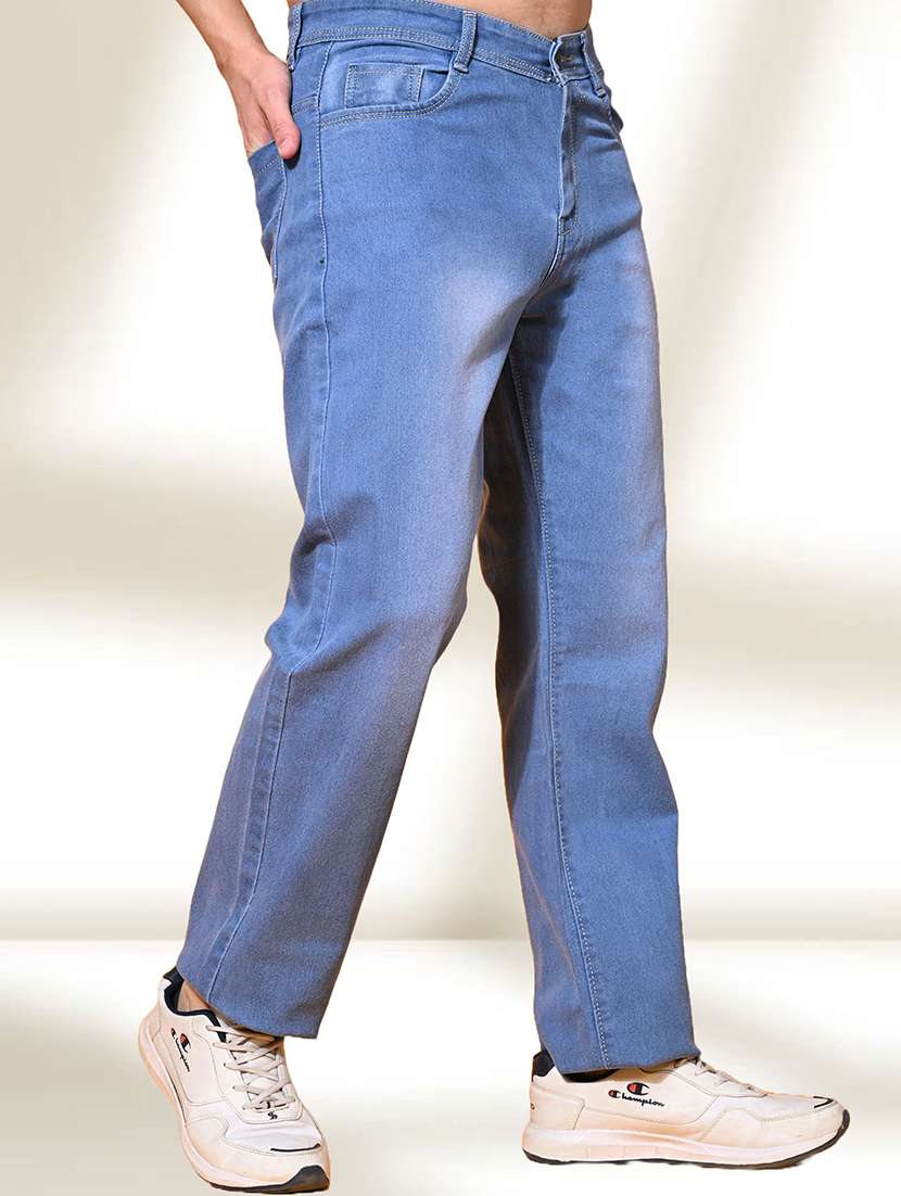 men washed mid rise full length straight jeans
