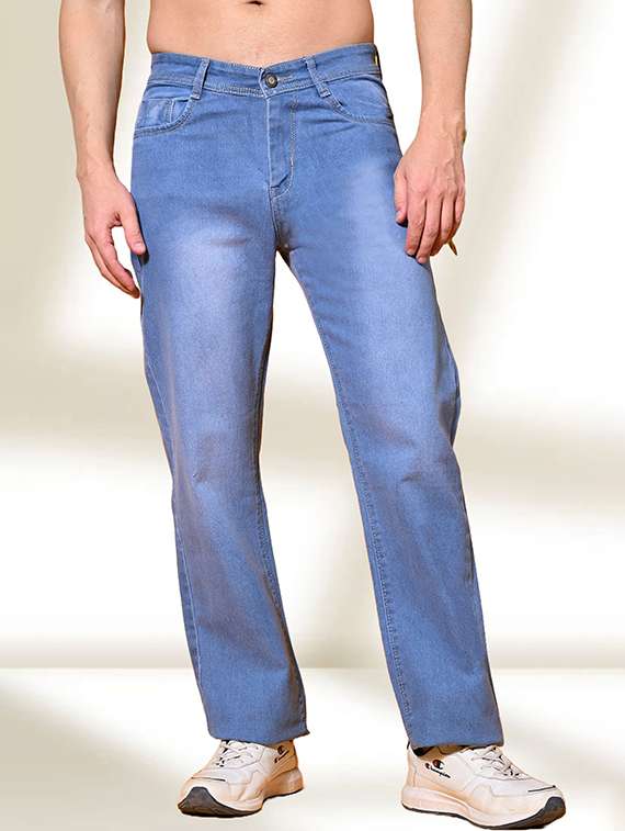 men washed mid rise full length straight jeans
