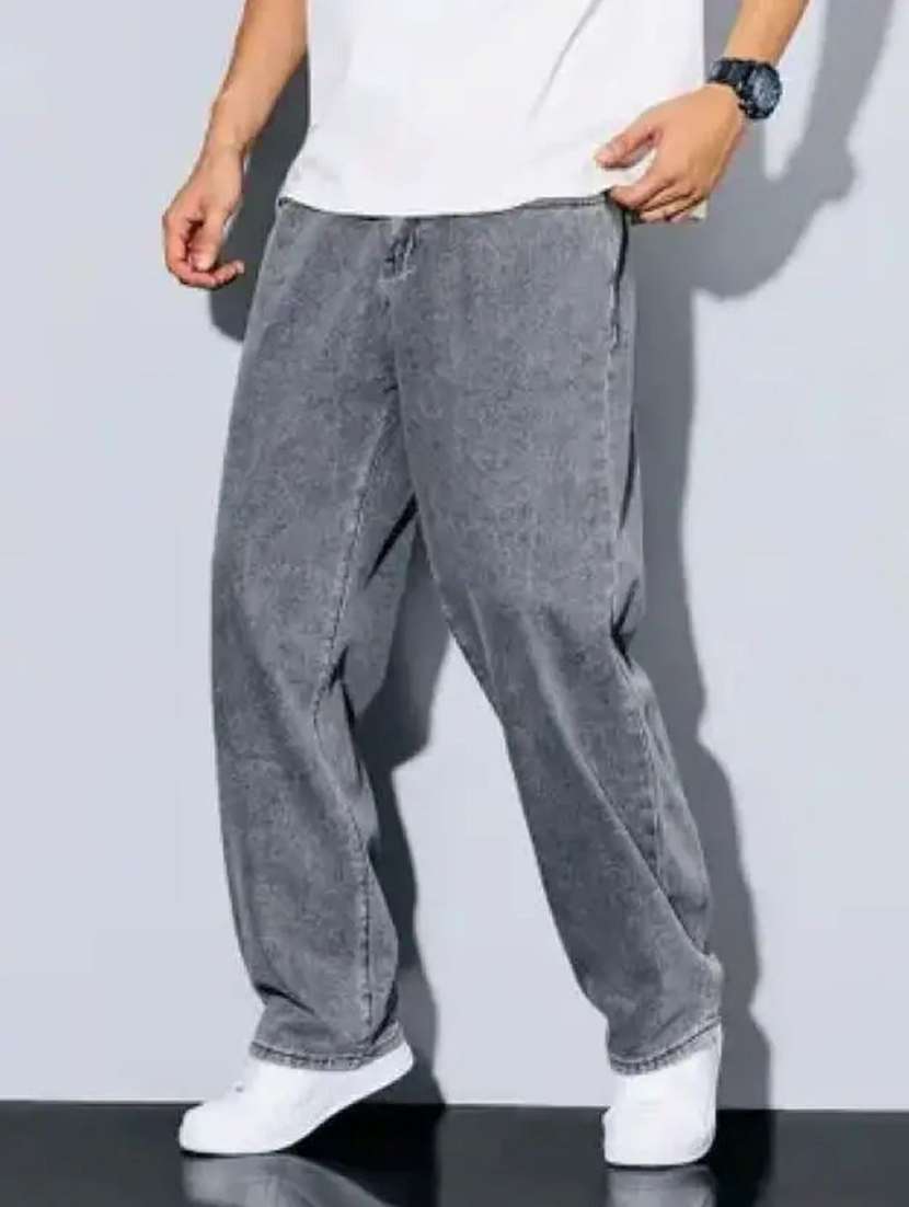men washed mid rise full length baggy jeans