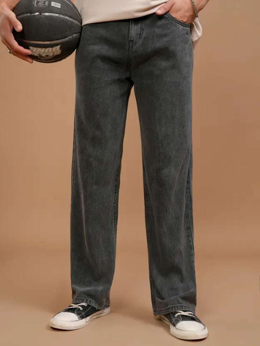 men washed mid rise full length straight jeans