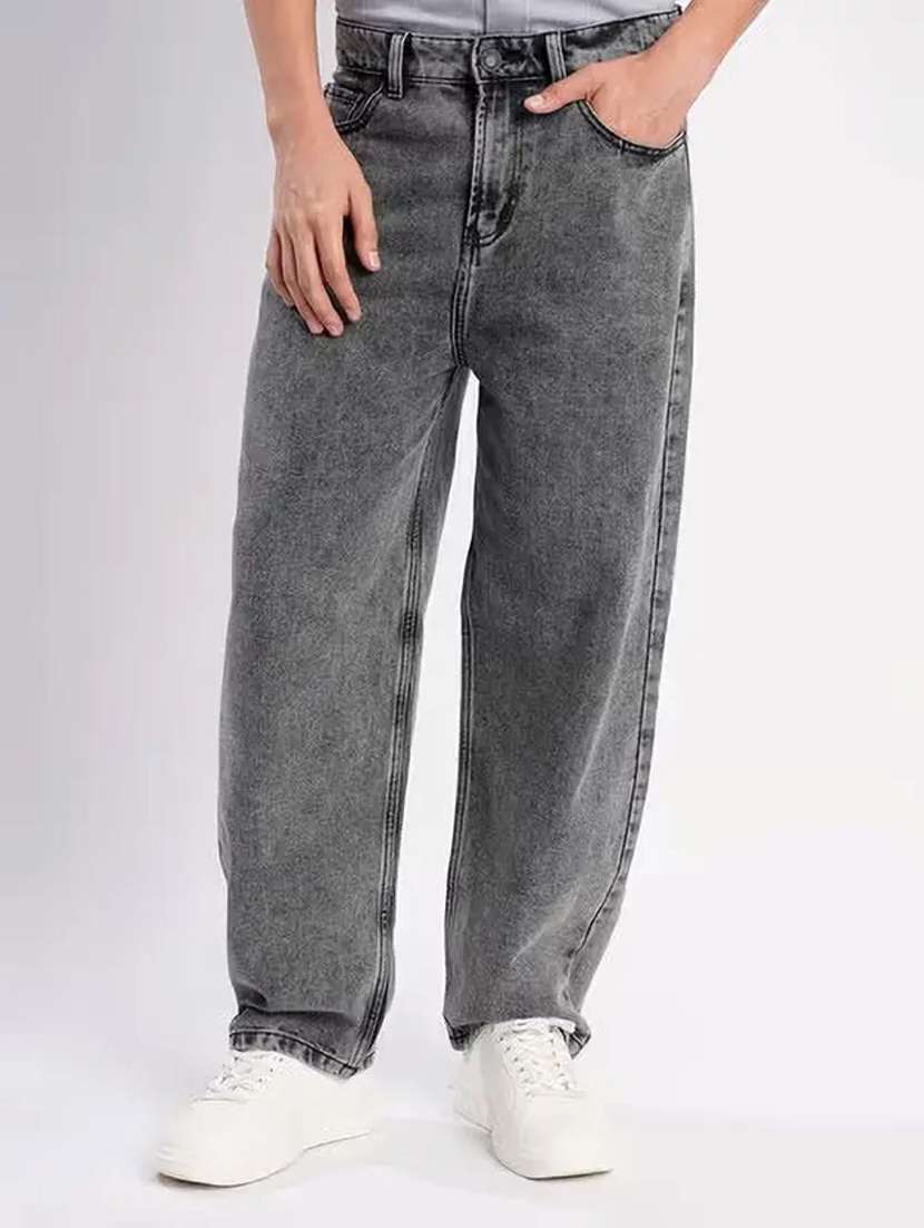 men washed mid rise full length baggy jeans