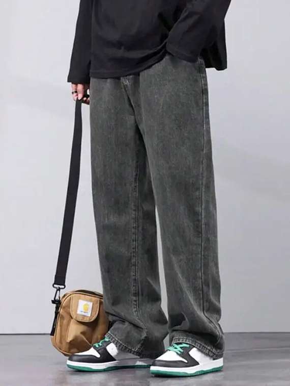 men washed mid rise full length baggy jeans