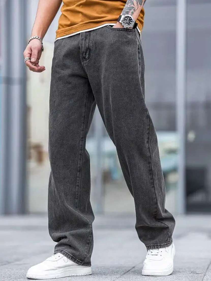 men plain mid rise full length baggy jeans