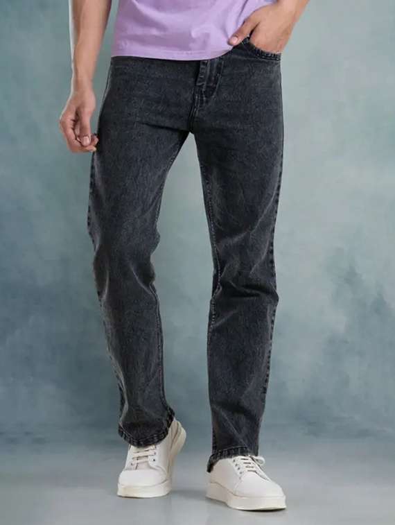 men washed mid rise full length straight jeans
