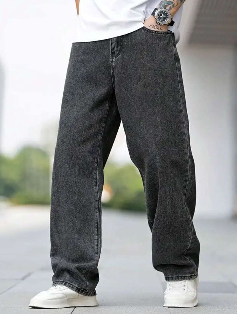 men plain mid rise full length baggy jeans
