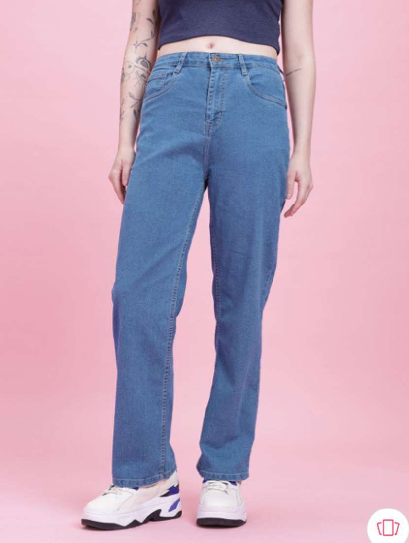 women solid mid rise straight fit jeans