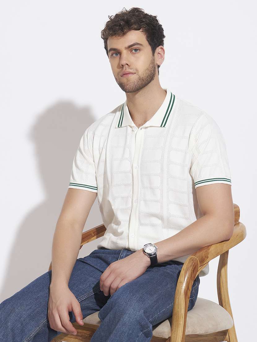 men self design short sleeve regular fit casual shirt