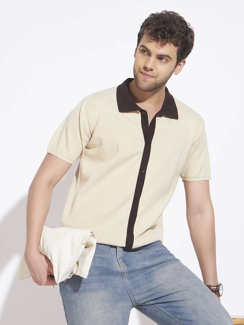 men self design short sleeve regular fit casual shirt