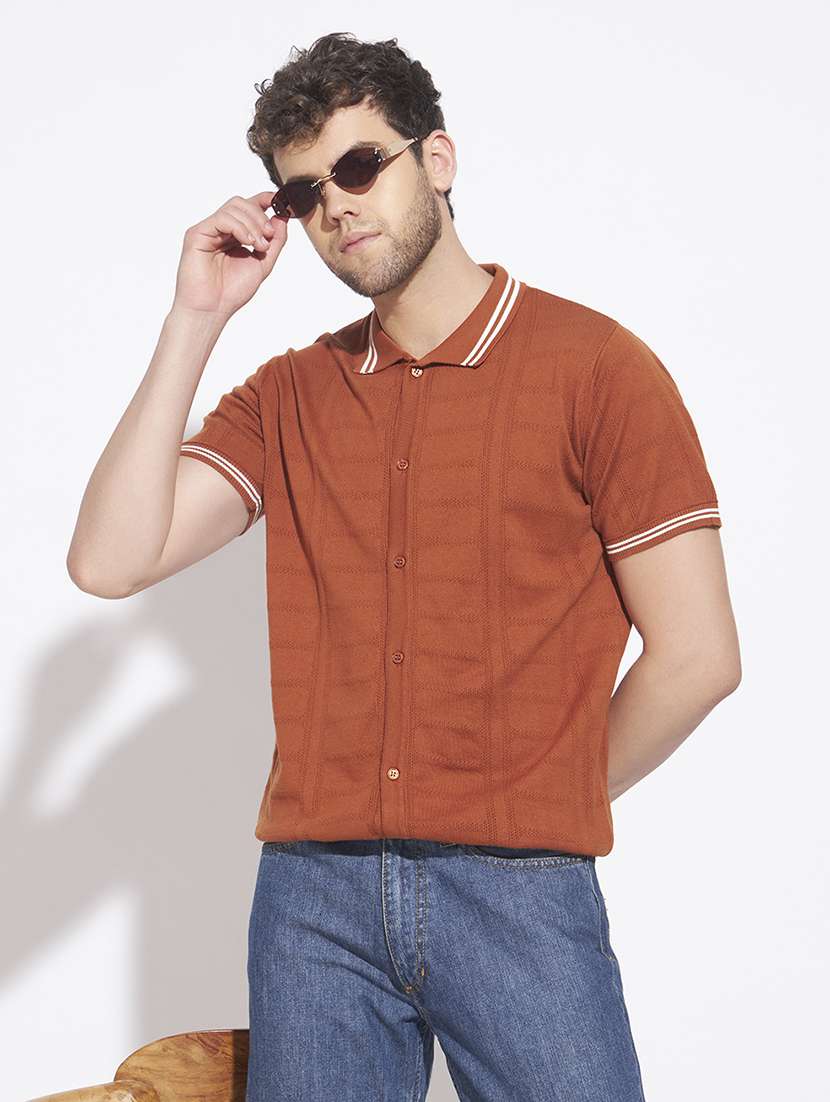 men self design short sleeve regular fit casual shirt