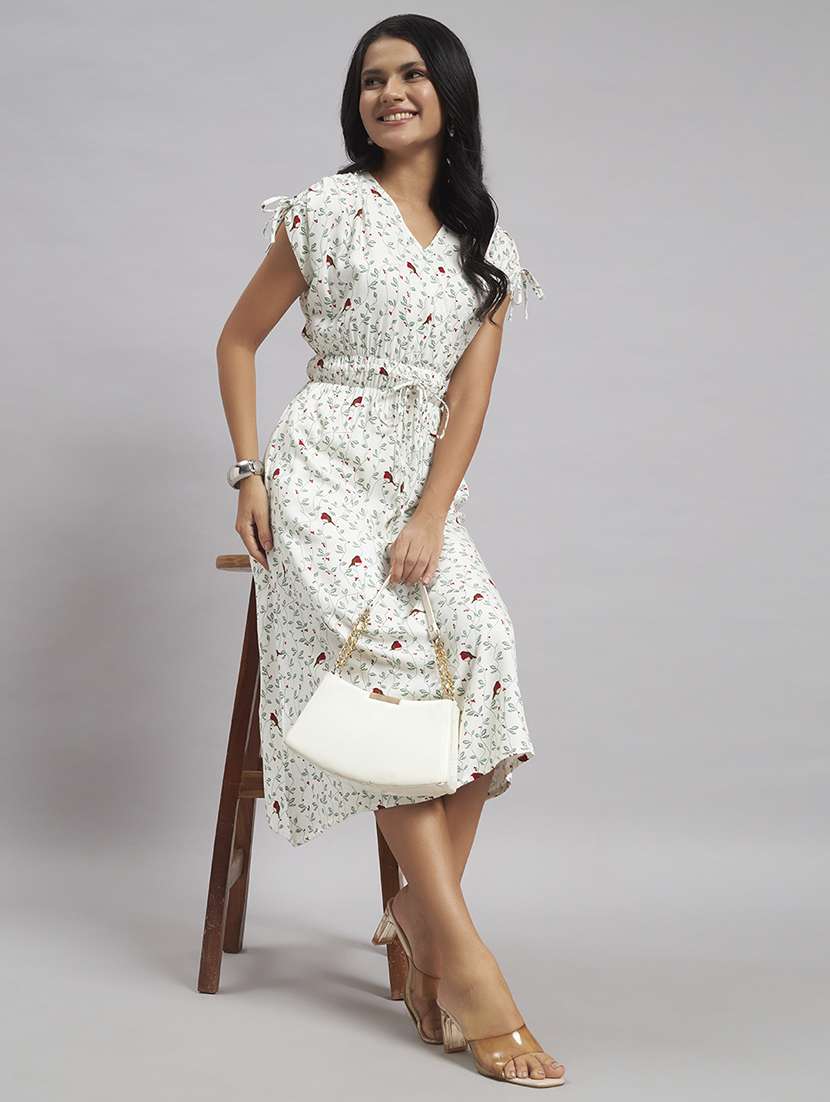 women printed v neck fit and flare dress