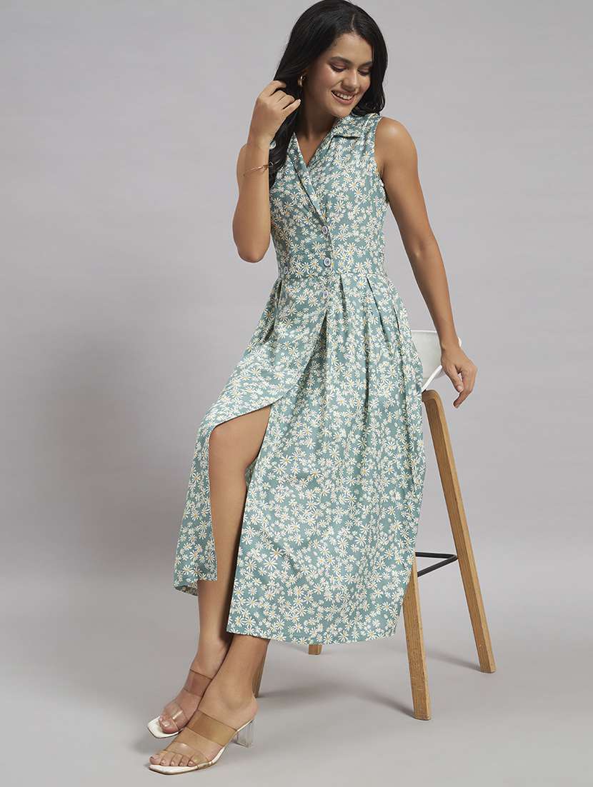 women printed sleeveless fit and flare dress