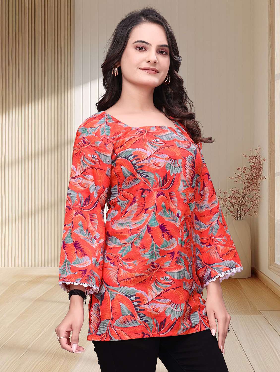 women printed three quarter sleeves straight kurti