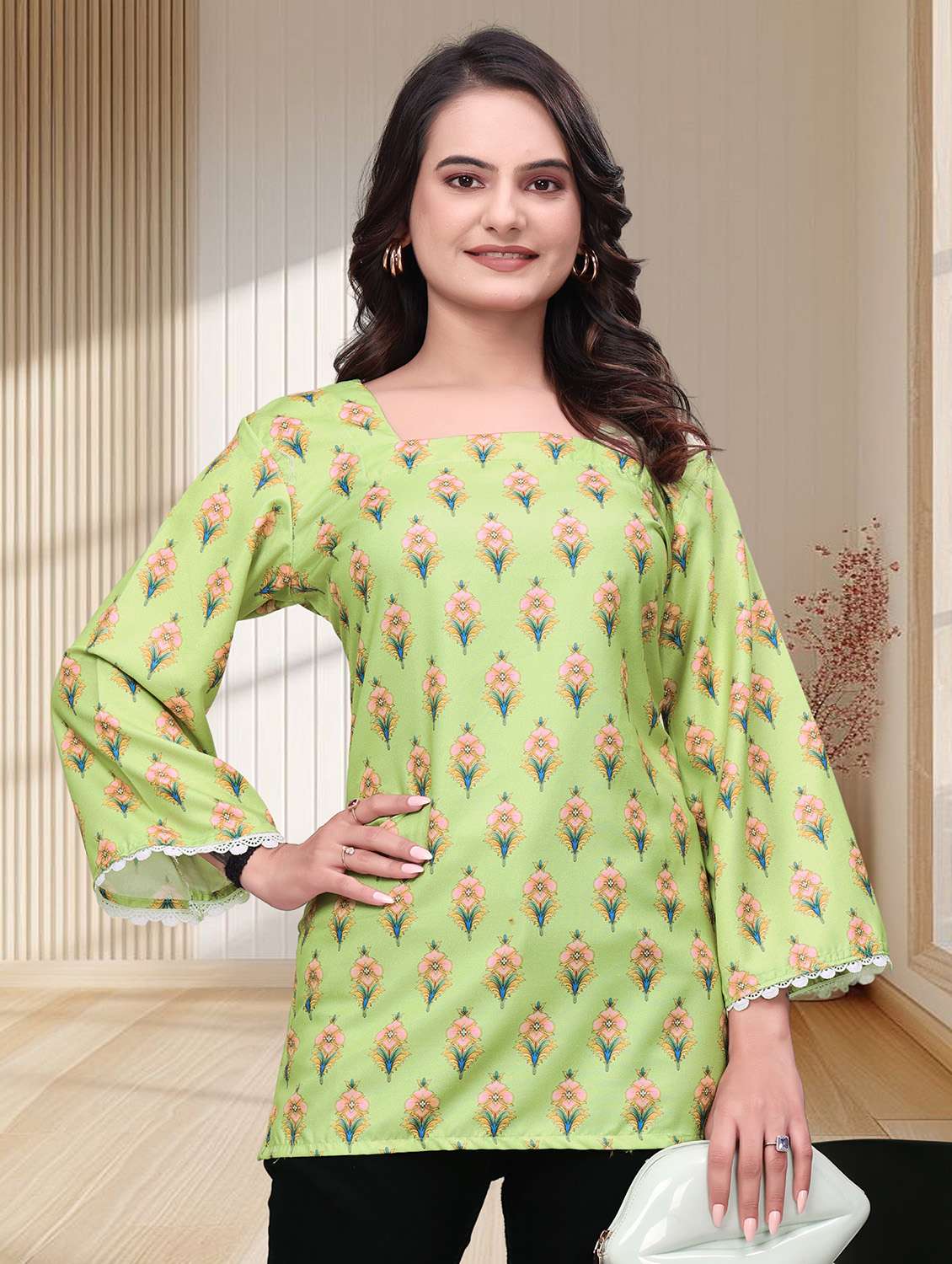 women printed three quarter sleeves straight kurti
