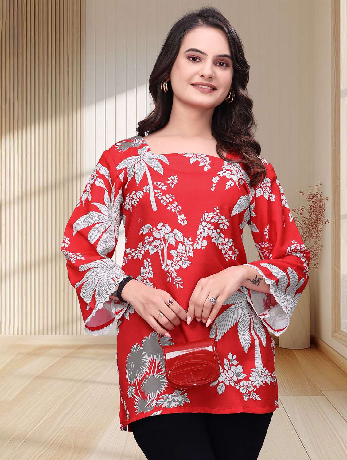 women printed three quarter sleeves straight kurti