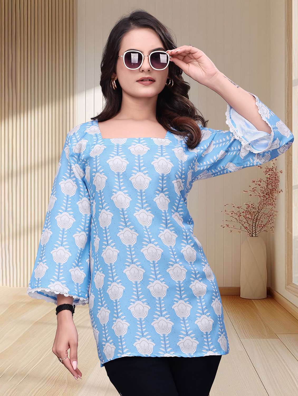 women printed three quarter sleeves straight kurti