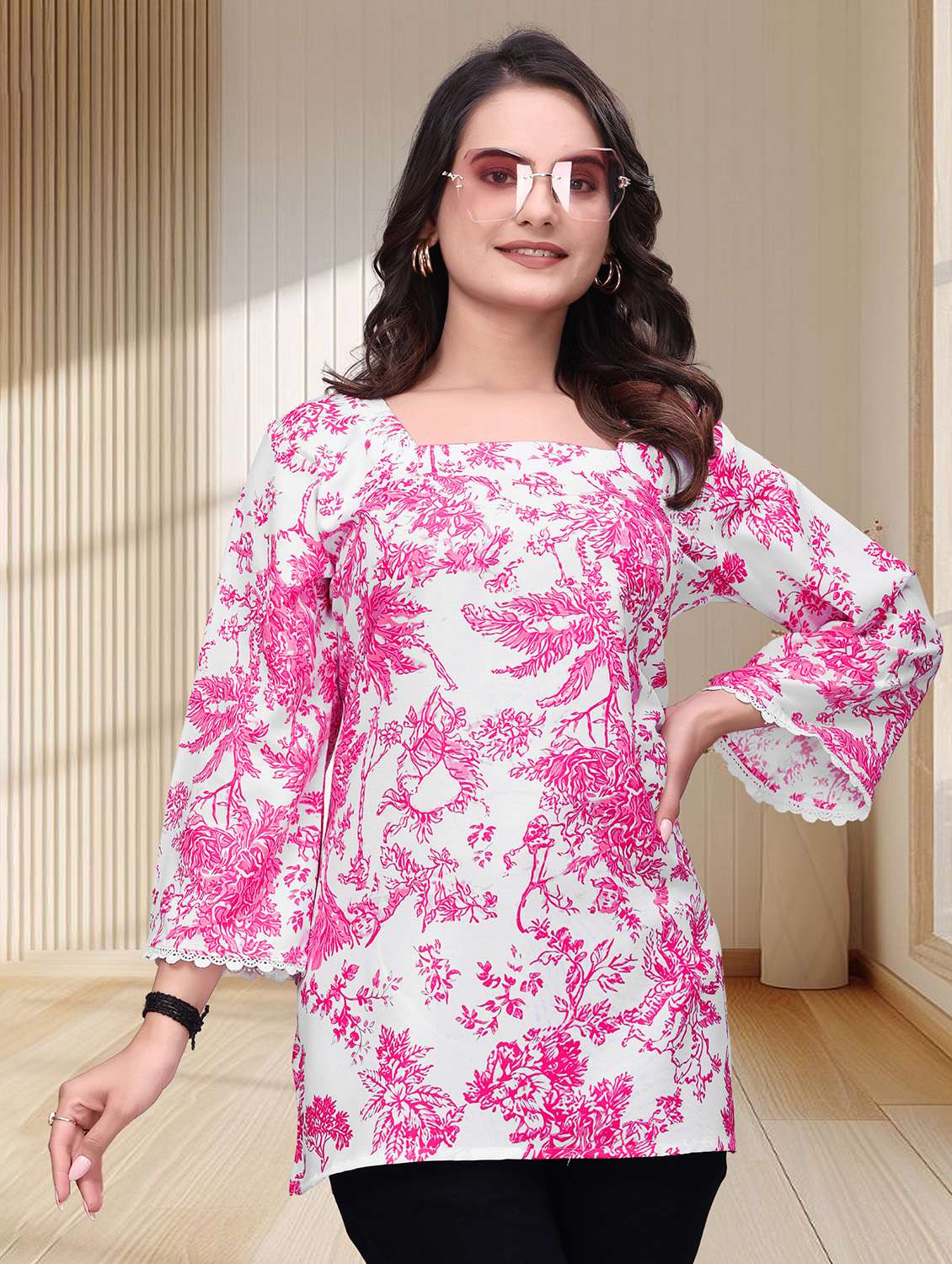 women printed three quarter sleeves straight kurti