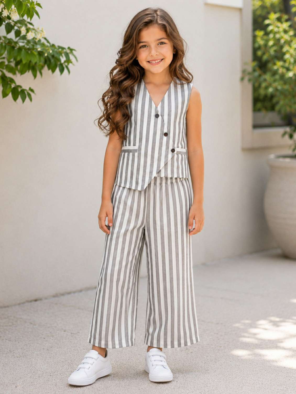 girls printed sleeveless top and trouser co-ord set