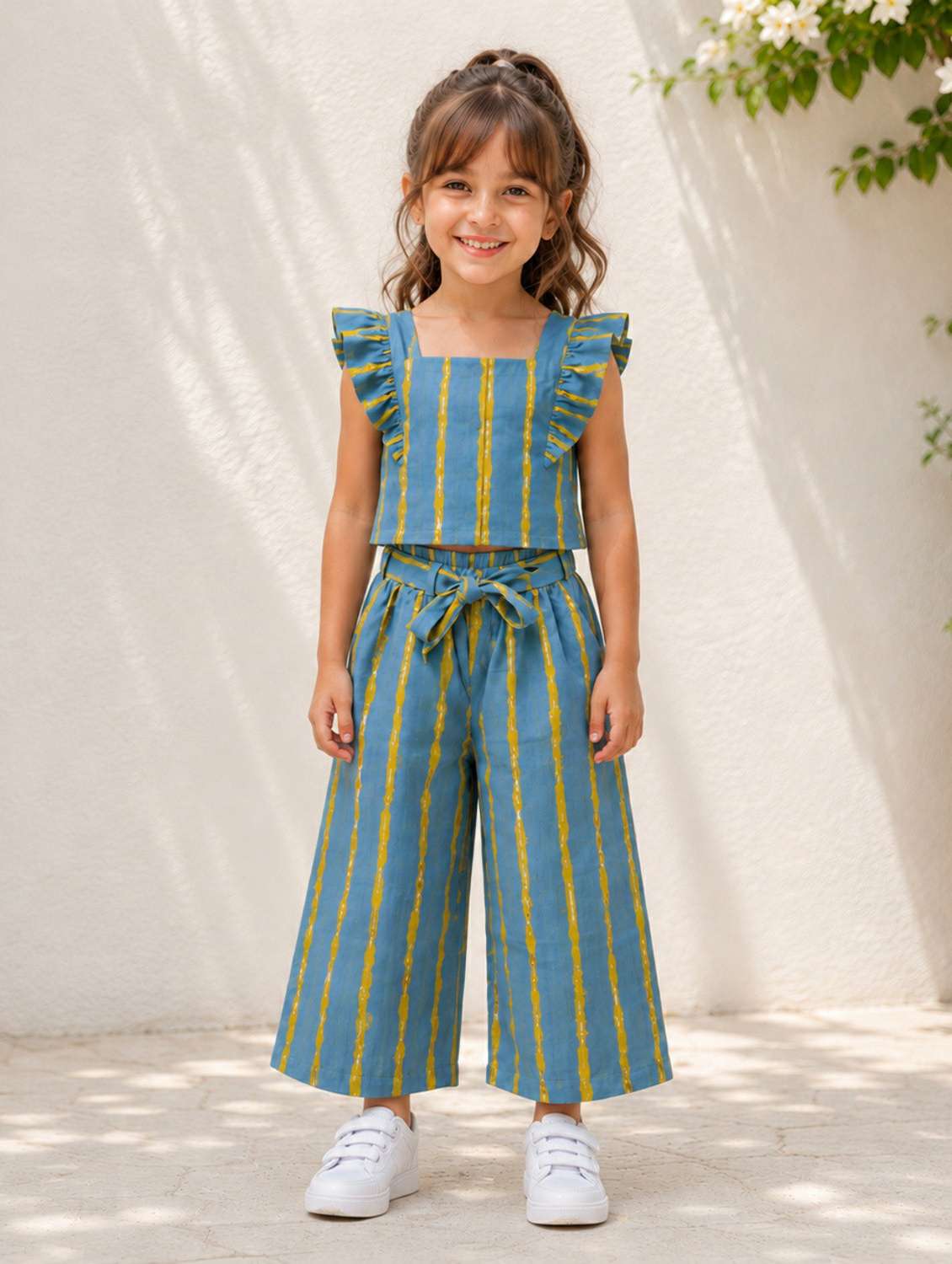 girls printed sleeveless top and trouser co-ord set